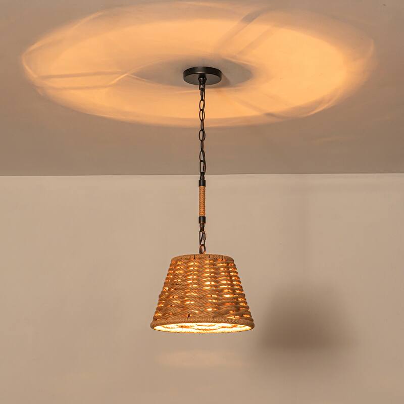 1-Light Farmhouse Hand Woven Drum Chandelier with Natural Rope Shade - Wood