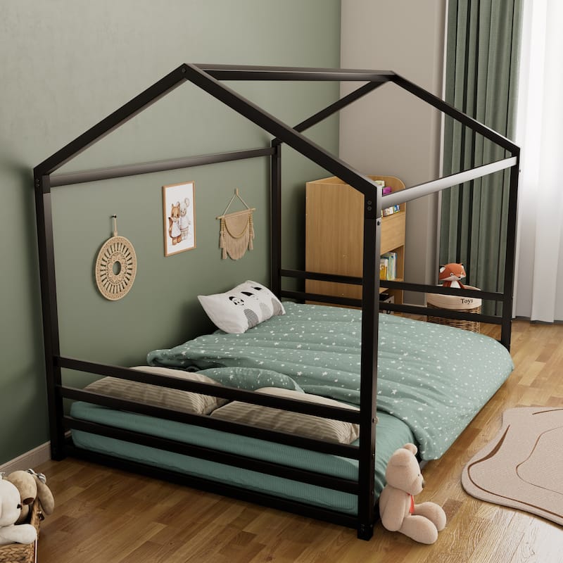 Montessori House Metal Floor Bed with End Guardrails by Harper&Bright Designs