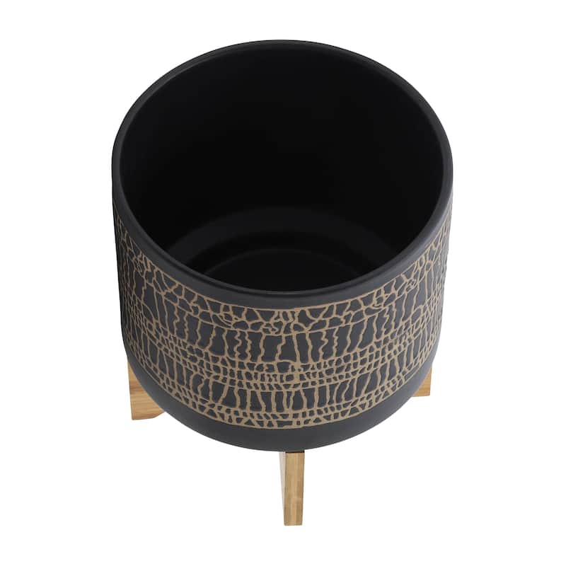 Sagebrook Home Modern Neutral Ceramic Planter Pot with Natural Wood Stand