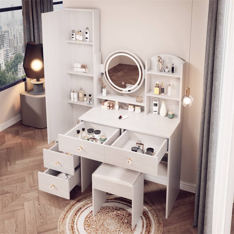 LED Vanity Table with Cushioned Stool and Full Body Mirror Cabinet