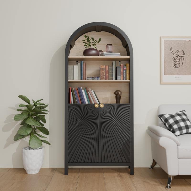 61" Tall Arched Bookcase with storage,Mid-Century Modern 5-Tier Bookshelf with Door