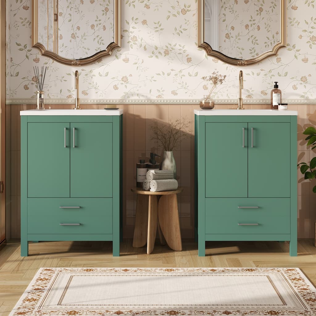 Roomfitters 48-Inch Green Bathroom Vanity with Ceramic Sink, Freestanding Cabinet with Soft-Close Drawers & Doors, Modern Design