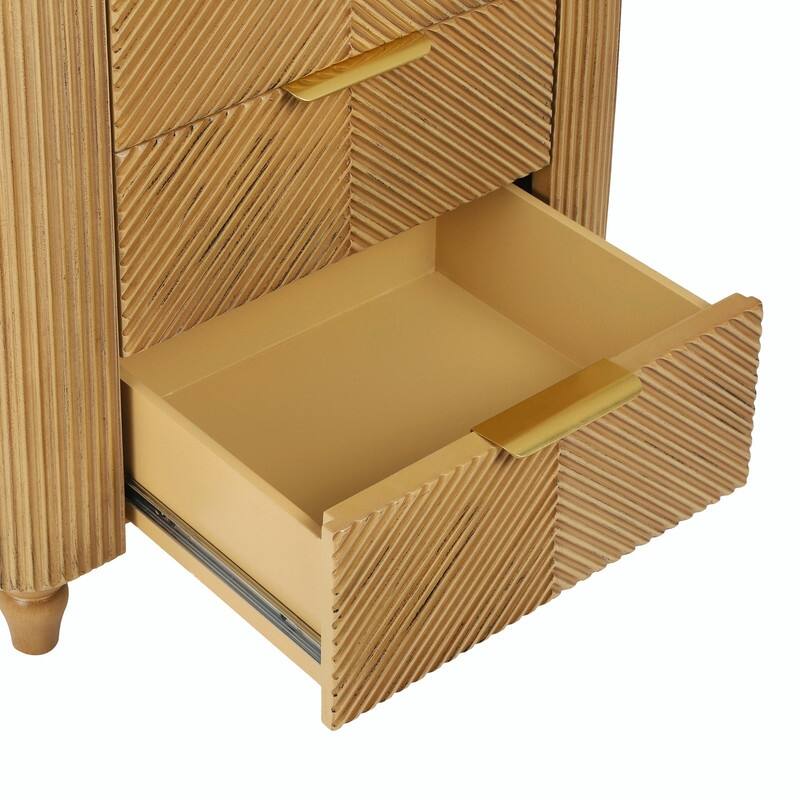 Mid-Century Fluted 3-Drawer Nightstand with Curved Design and Gold Handles