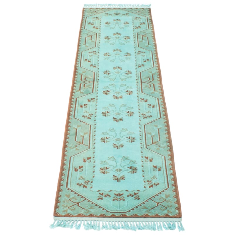 ECARPETGALLERY Hand-knotted Color Transition Cyan Wool Rug - 2'6 x 9'9