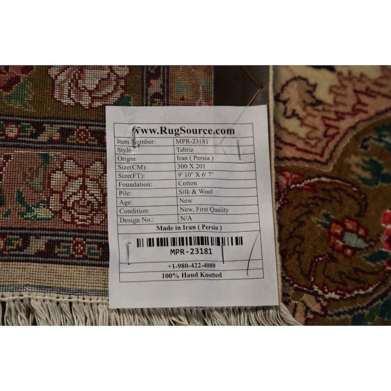Vegetable Dye Tabriz Persian Area Rug Handmade Silk & Wool Carpet - 6'7" x 9'10"