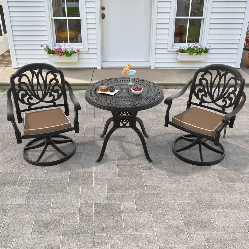 3-Piece Aluminum Round Outdoor Patio Dining Set, 2 Cushioned Swivel Chairs, Table, All-Weather Frames