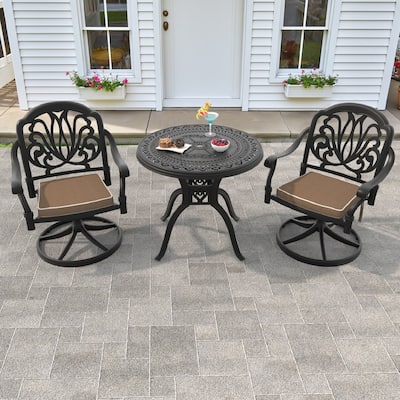 3-Piece Aluminum Round Outdoor Patio Dining Set, 2 Cushioned Swivel Chairs, Table, All-Weather Frames