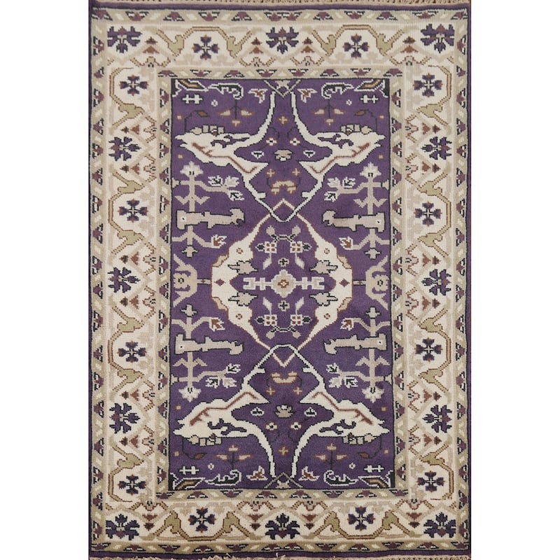 Purple Oushak Indian Area Rug Hand-Knotted Wool Carpet - 4'1"x 5'11"
