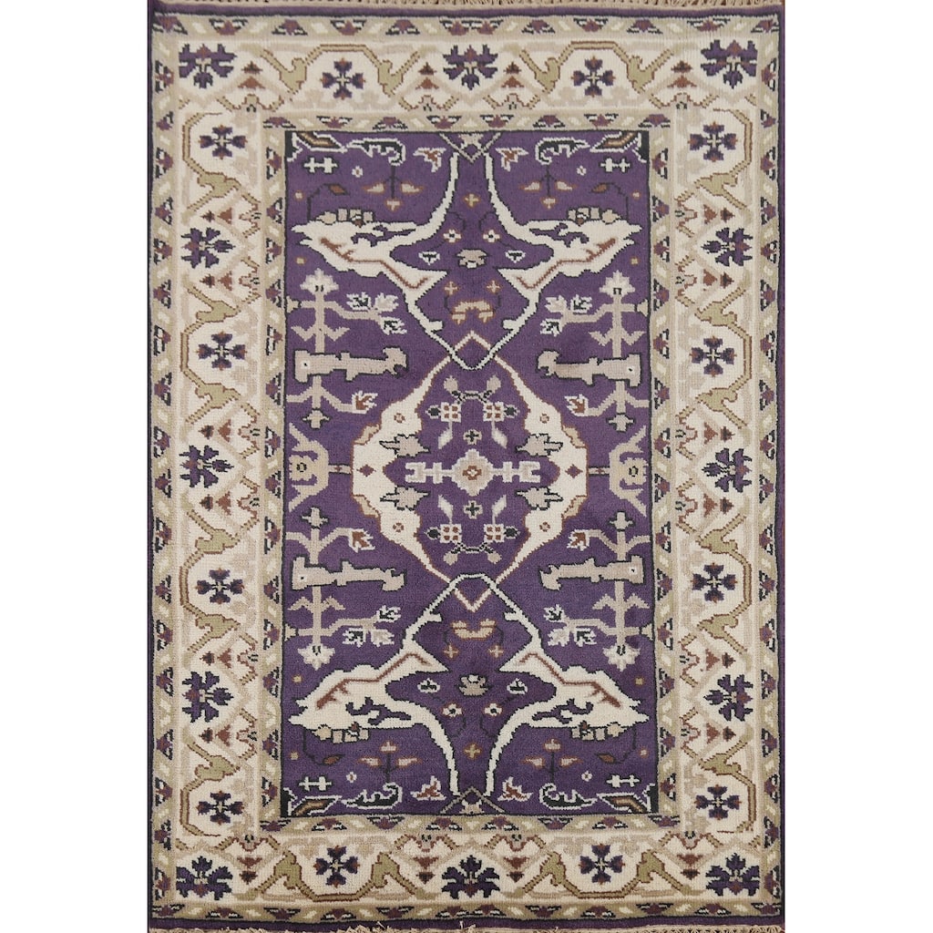 Purple Oushak Indian Area Rug Hand-Knotted Wool Carpet - 4'1"x 5'11"
