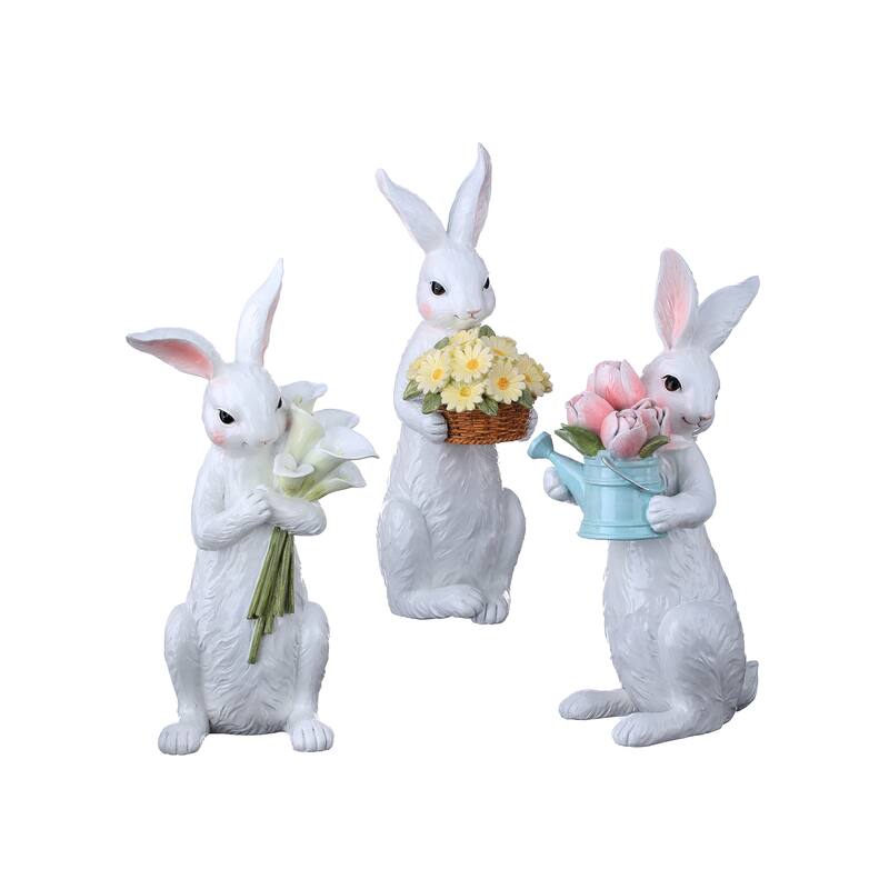 10.5-11.5" Resin Bunny With Floral Bouquet
