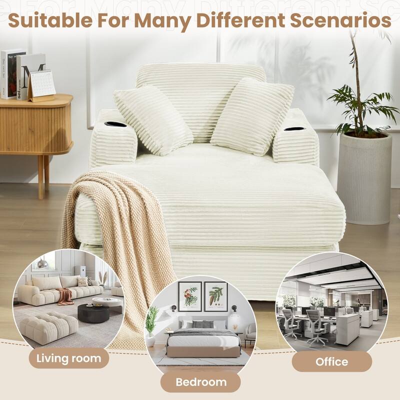 Chaise-Style Corduroy Sofa with Cup Holders and 3 Back Cushions - Reclining Lounge Design