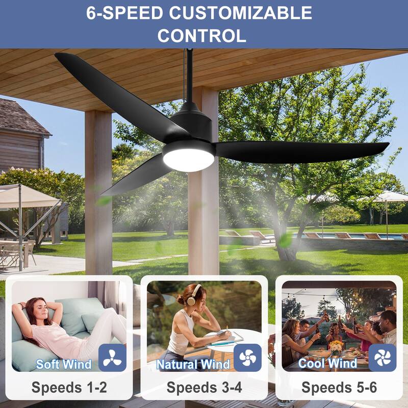 Outdoor Ceiling Fan with Light: 42-52 Inch Hanging - Plug in Waterproof Fans for Patio - Dimmable Remote App Control Black
