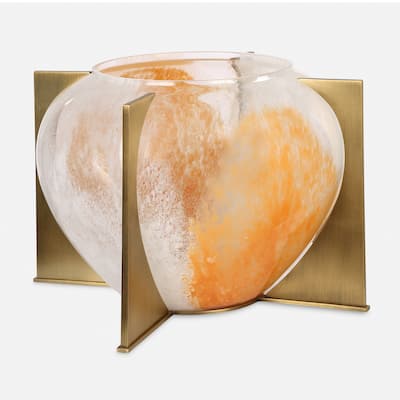 Large Round Glass Vase with Metal Stand - 12.25" - Orange and White