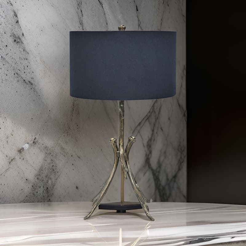 31 Inch Modern Table Lamp, Black Drum Shade, Unique Gilt Base Bronze Metal