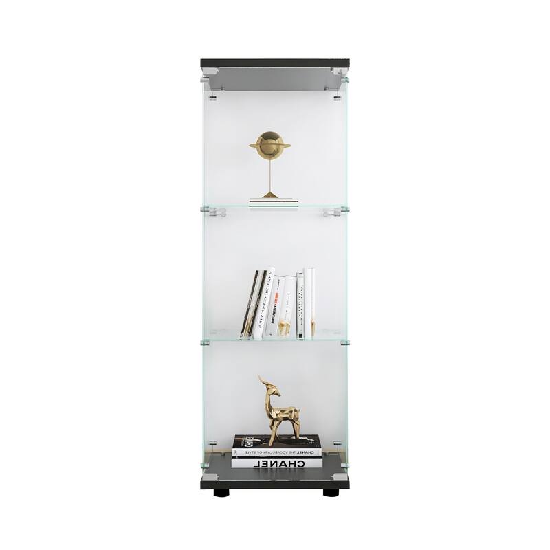 One-Door Glass Display Cabinet with 3 Shelves, Floor Standing Curio Bookshelf with Tempered Glass for Living Room Bedroom Office