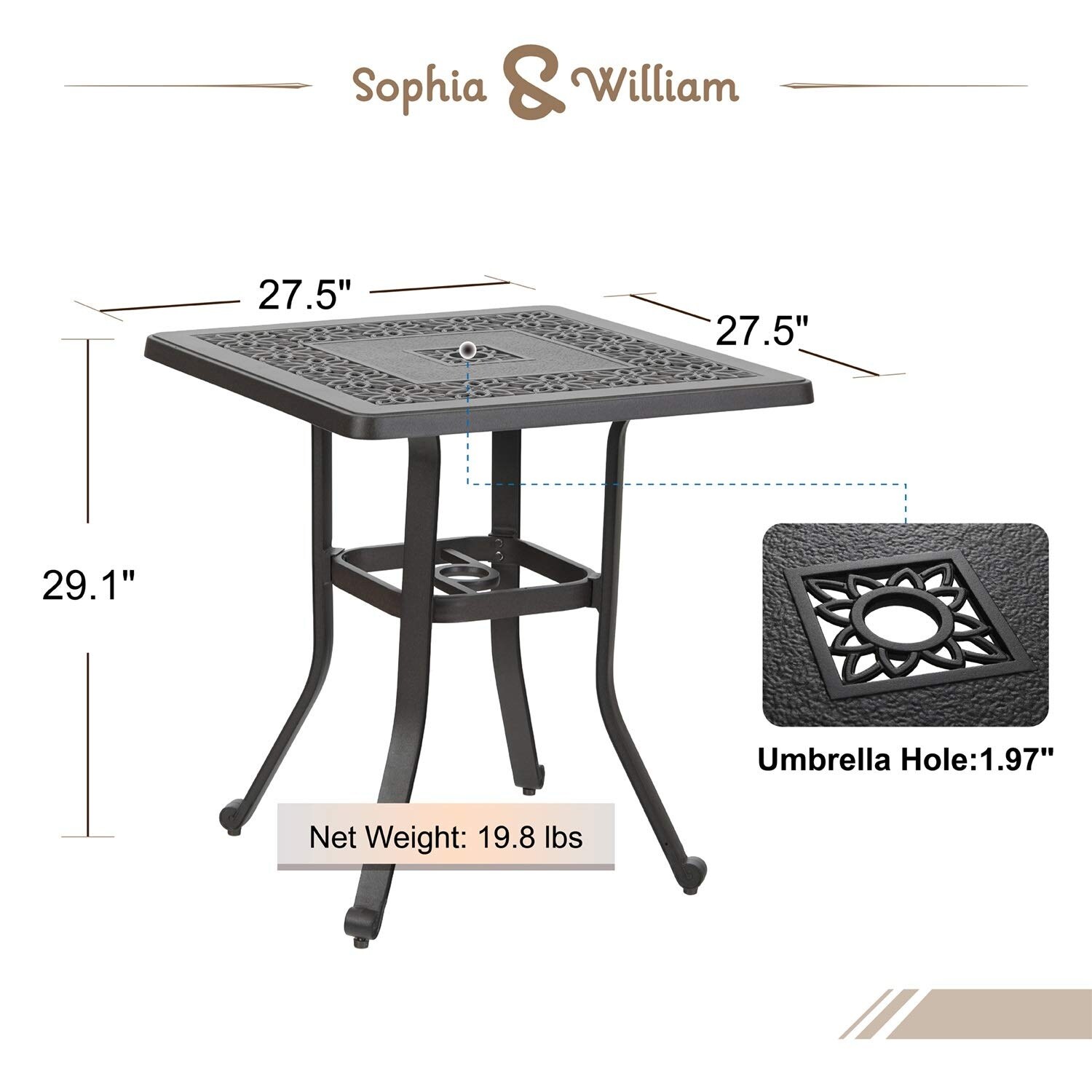 Sophia William Outdoor Patio Dining Table Square Modern Cast