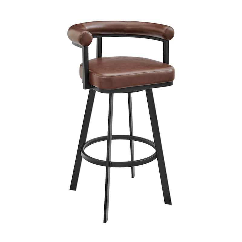 Weni Swivel Barstool Chair, Brown Faux Leather, Black Iron Frame