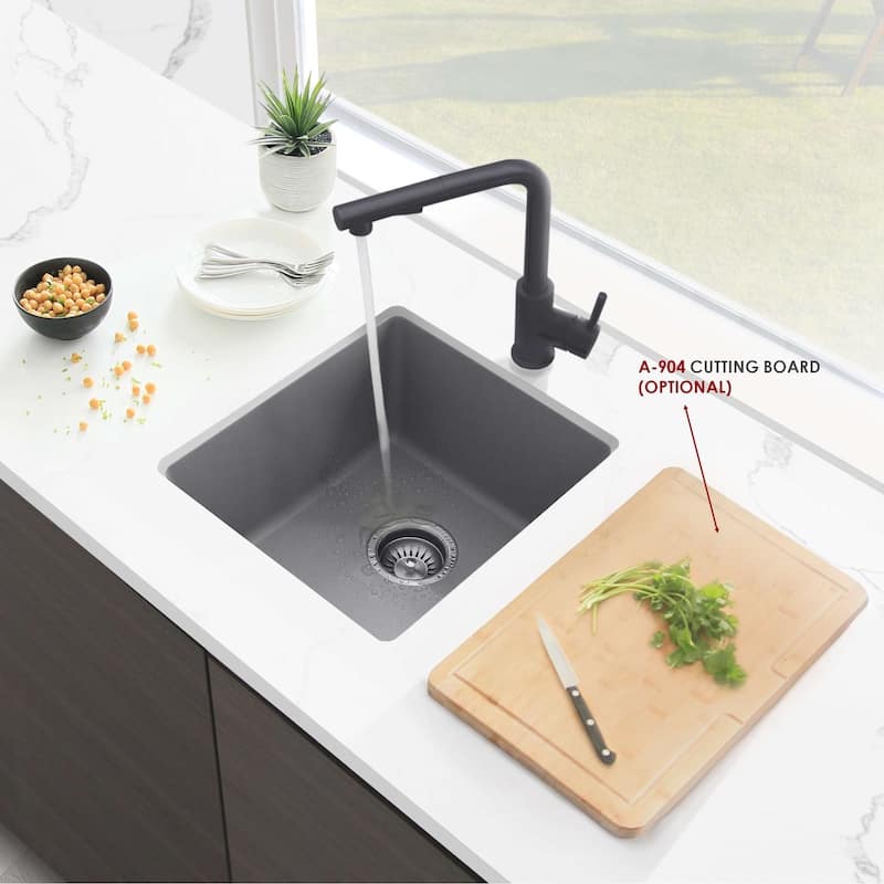 STYLISH 15.5 inches L x 17.5 inches W Dual Mount Single Bowl Composite Granite Kitchen Sink with Strainer - 15.5" x 17.5" x 8.5" - Gray