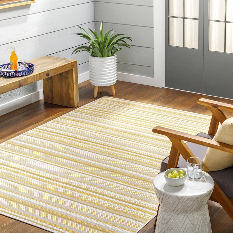 Livabliss Eagean Bohemian Stripe Outdoor Area Rug - Yellow - 7'10" x 7'10" Round