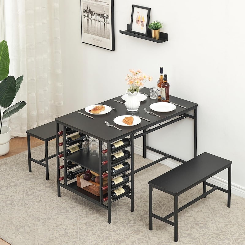 Kitchen Table with 2 Benches for 4 - Black_Set of 4 - Black_Set of 4