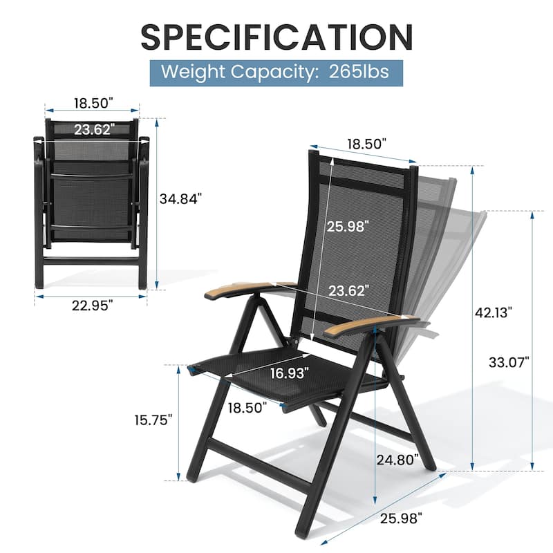 Outdoor Patio Aluminum Folding Chairs Set with Adjustable Backrest, Solid Wood Armrest