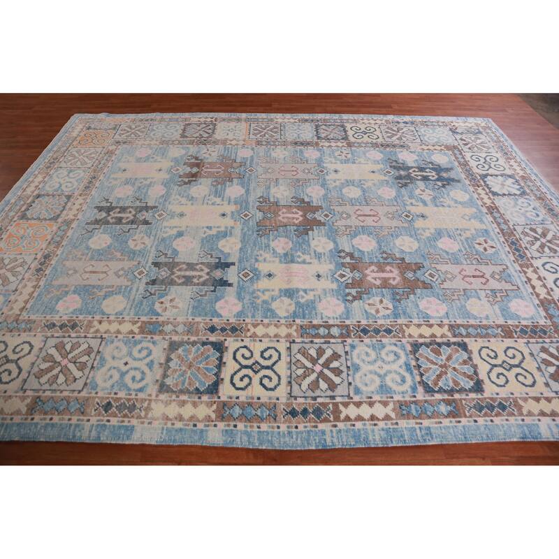 Hand Knotted Oriental 100% Wool Carpet Transitional All-Over Navy Blue & Blues Oushak Area Rug - 11' 0'' X 8' 4''