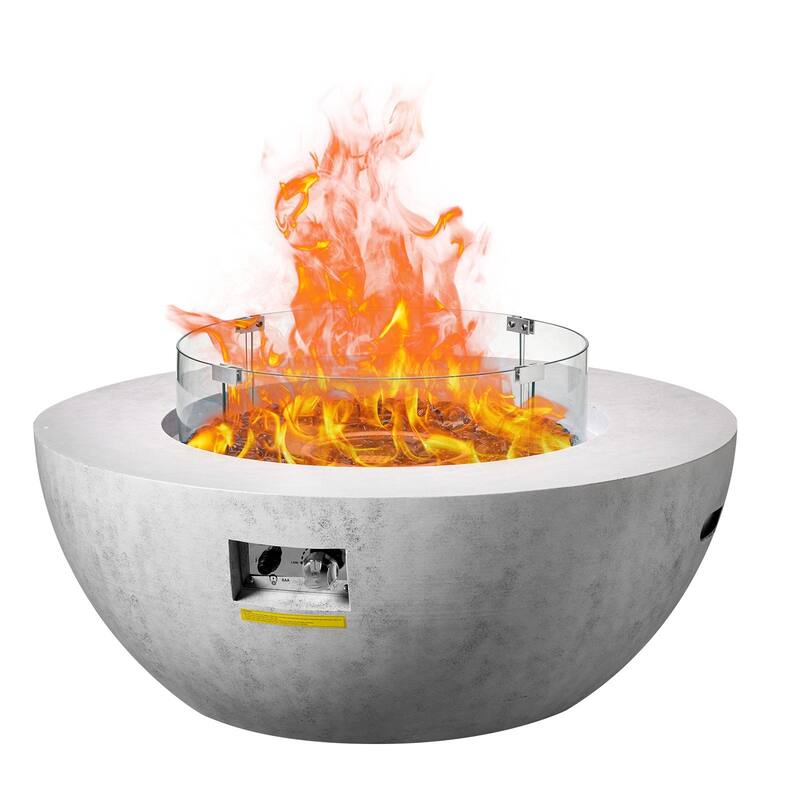 Grey Concrete Look Fire Pit Table with Glass Cover and Wheels - 39.37“x39.37”x20.59"