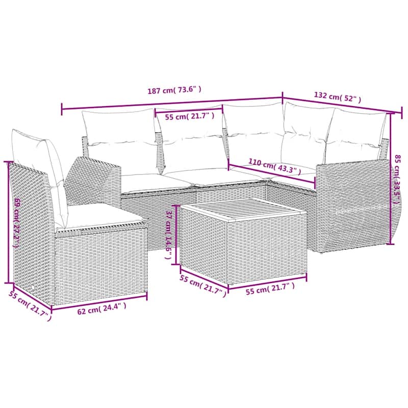vidaXL Patio Sofa Set with Cushions Outdoor Furniture 6 Piece Poly Rattan - 21.7 x 21.7 x 14.6