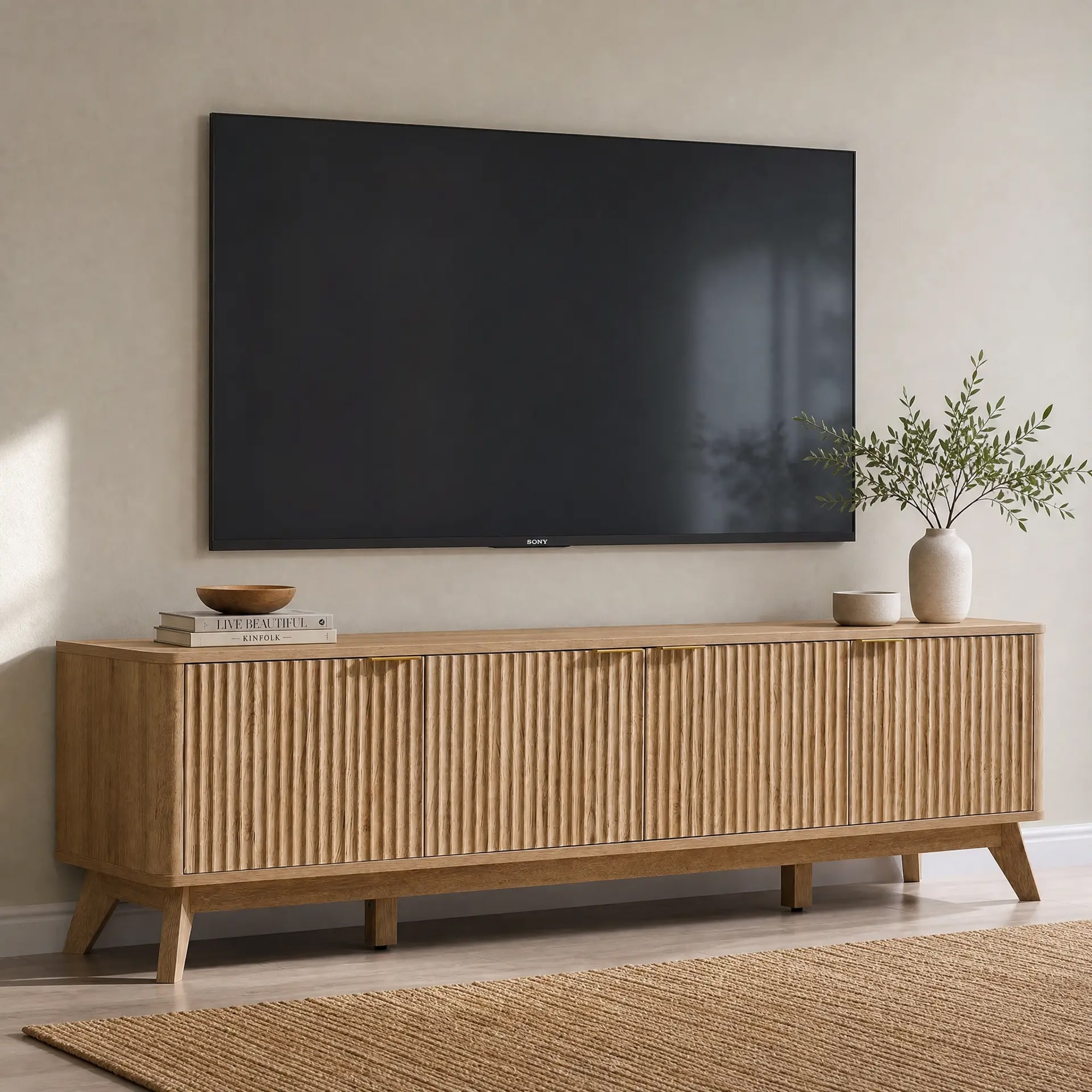 Modern Fluted TV Stand, Wood Entertainment Center with 4-Door Storage