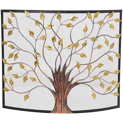 Metal Tree Sculpted Relief Single Panel Fireplace Screen with Curved Mesh Netting - Bronze - Roche River Decor