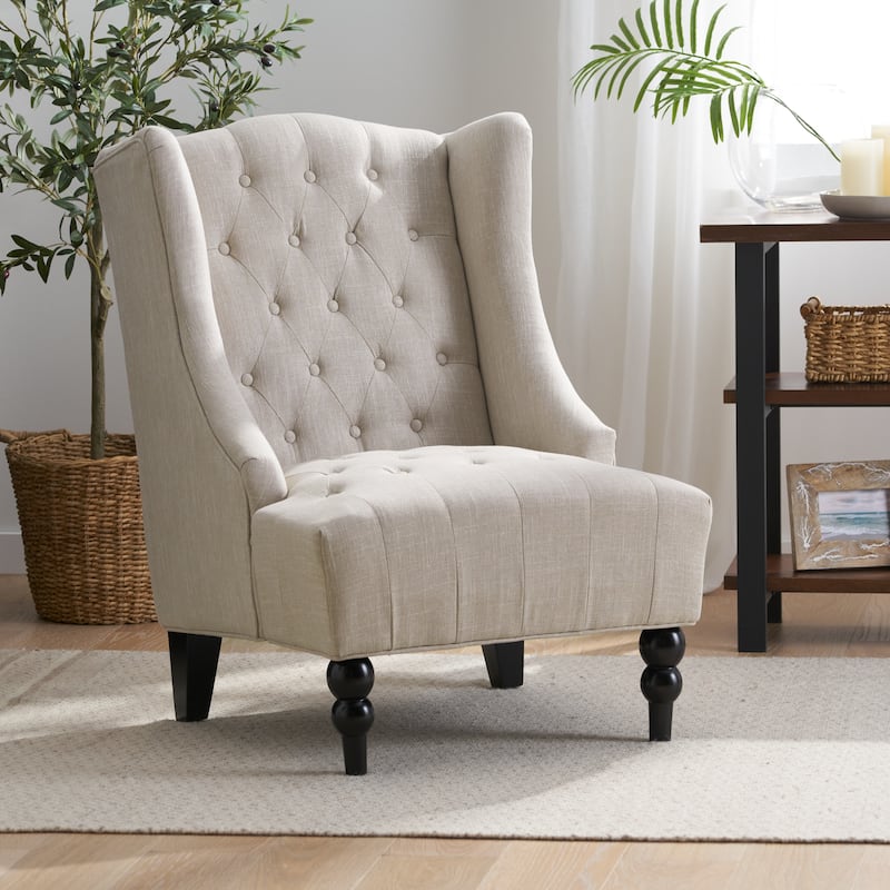 Roomfitters Tufted Wingback Accent Chair with Curved Back and Turned Legs, Upholstered Lounge Chair, Beige