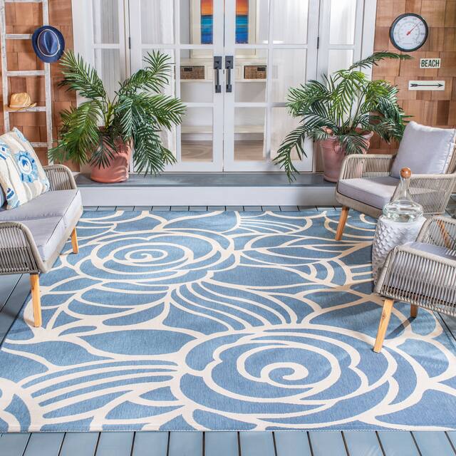 SAFAVIEH Courtyard Lorrayne Floral Geo Indoor/ Outdoor Area Rug - 9' x 12' - Blue/Beige