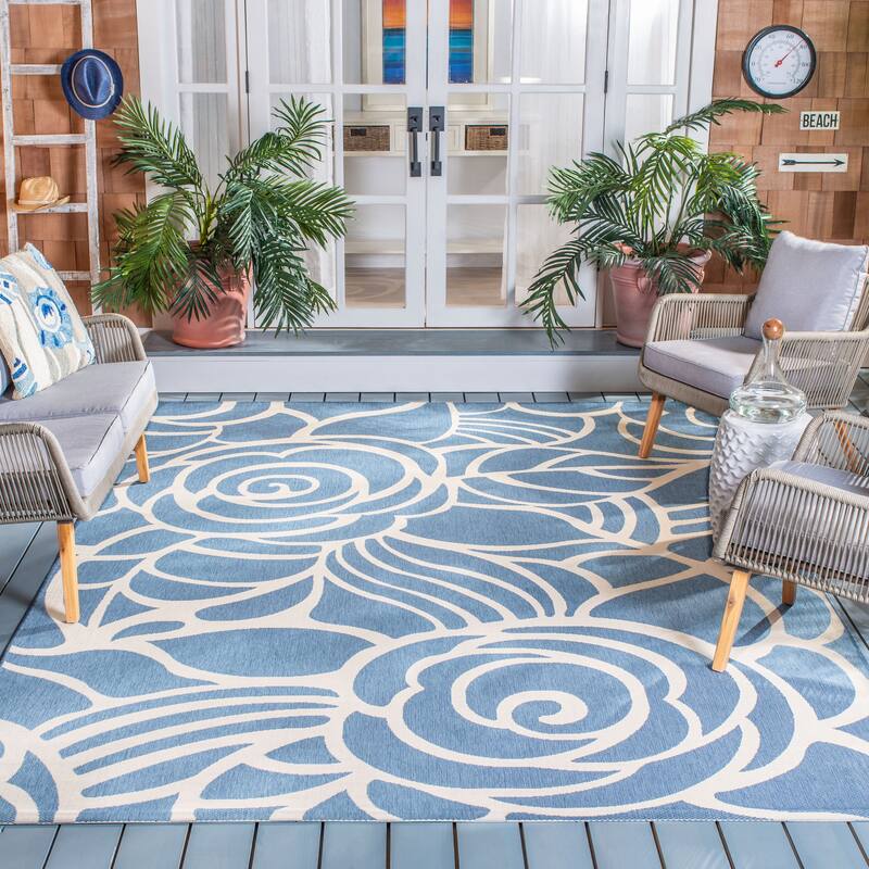 SAFAVIEH Courtyard Lorrayne Floral Geo Indoor/ Outdoor Area Rug - 6'7" x 9'6" - Blue/Beige