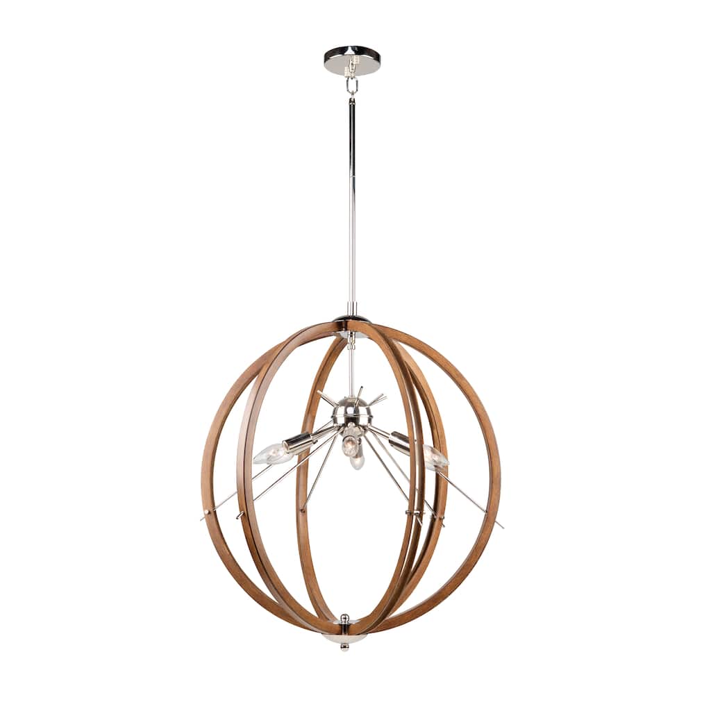 Abbey 6 Light Sphere Pendant - Faux Wood & Polished Nickel