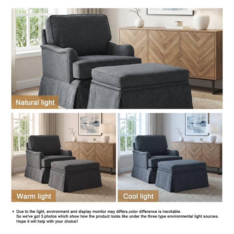 Chenille Swivel Accent Chair Storage Ottoman Set with Nailhead Trim Skirt