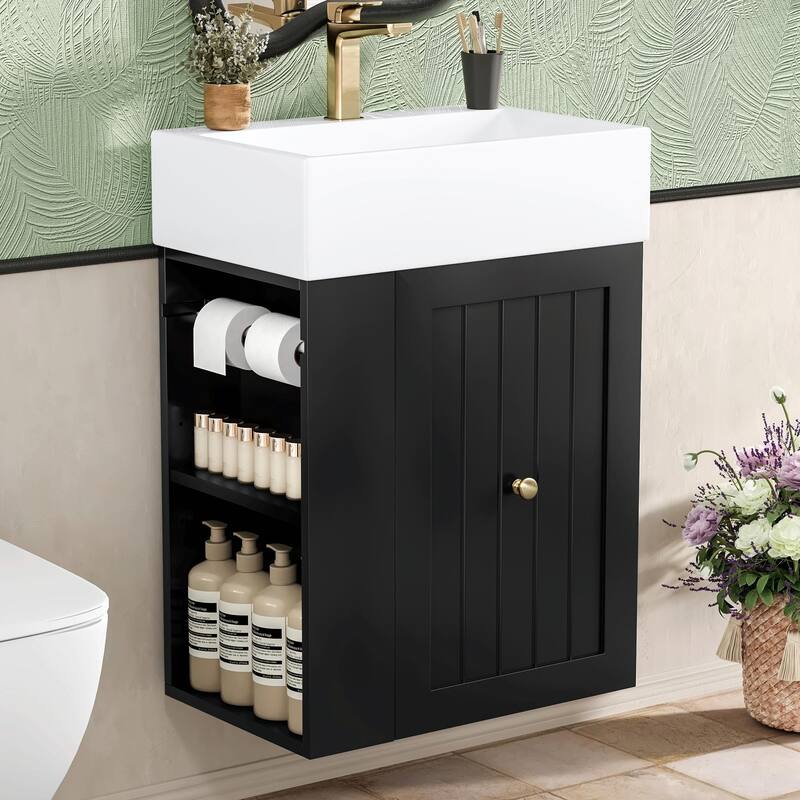 20-Inch Bathroom Vanity with Ceramic Sink - MDF Storage Cabinet with Drawer, Side Shelf and Silver Handle