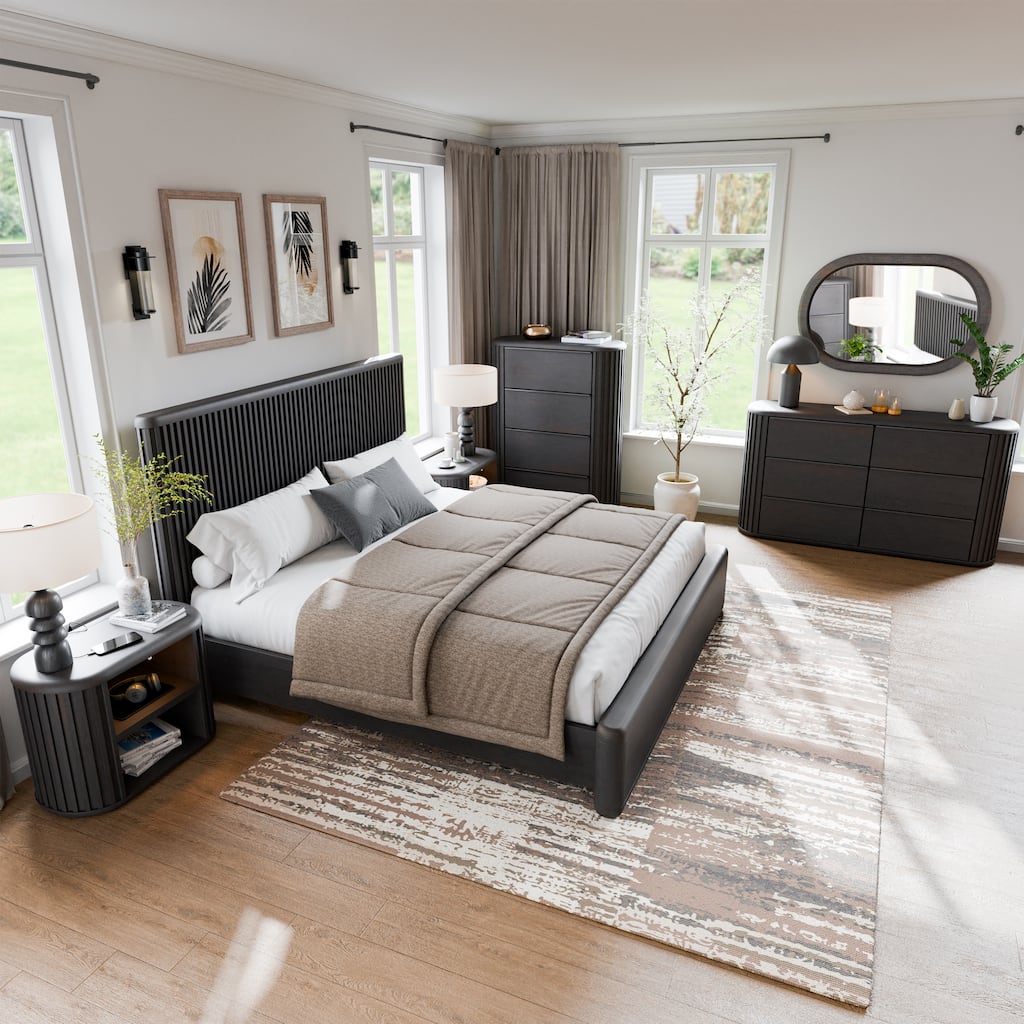 Furniture of America Caelan I Modern 6-Piece Black Solid Wood Fluted Panel Bedroom Set with Motion Light