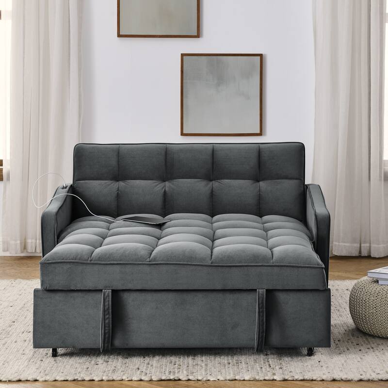 Modern 2-seat Sofa Bed with Pull-out Bed, Adjustable Back, Type C and USB Charging