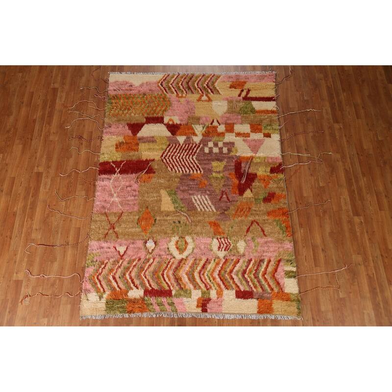 Hand Knotted Oriental 100% Wool Carpet Modern Geometric Multi-Colored Moroccan Area Rug - 8' 0'' X 5' 9''