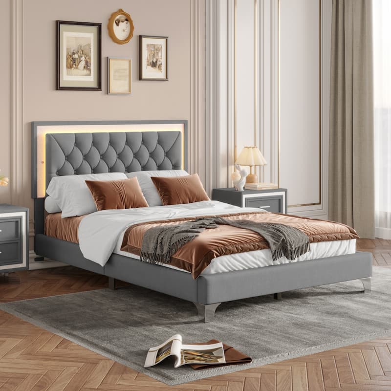 LED Platform Bed Frame Tufted Headboard Both Sides LED Button Low Profile Bed, Velvet Upholstered Panel Bed - Gray - Full