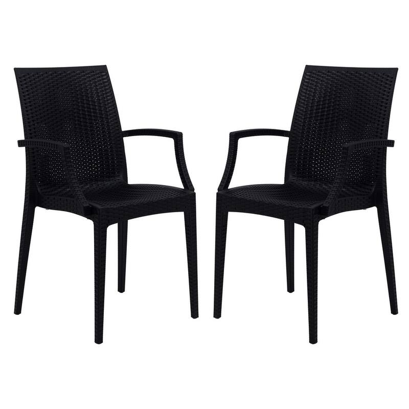 Mace Modern Woven Dining Chair with UV Protection, Armrests, Stackable Design for Indoor & Outdoor Use (Set of 4) - Black