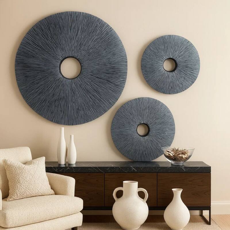 Ribbed Round Sandstone Wall Decor Set of 2 with Cut Out at Centre, Large, Gray