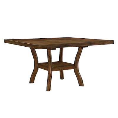Transitional Brown Finish Dining Table with Lower Display Shelf and Extension Leaf Mindy Veneer Wood Dining Room Furniture