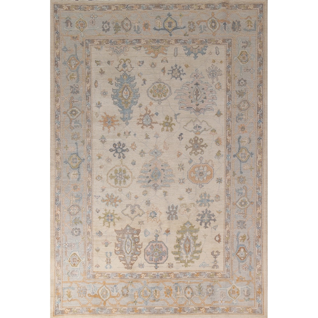 Ivory Oushak Vegetable Dye Turkish Area Rug Handmade Wool Carpet - 6'3"x 9'0"