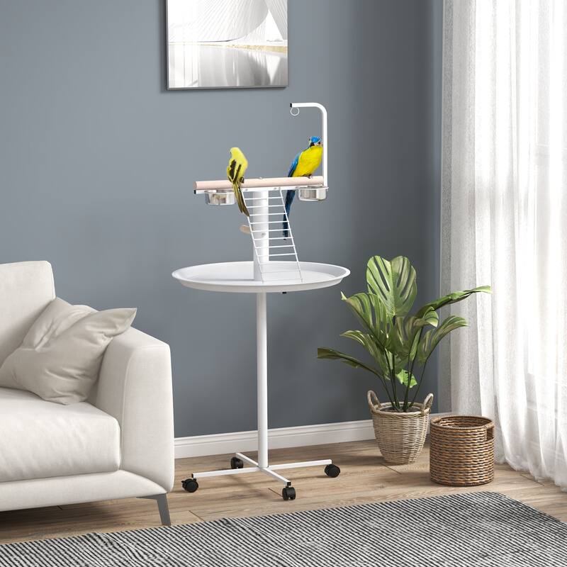 PawHut Bird Stand, Parrot Stand with Wheels, Perches, Stainless Steel Feed Bowls, Round Tray, Bird Play Stand for Indoor Outdoor