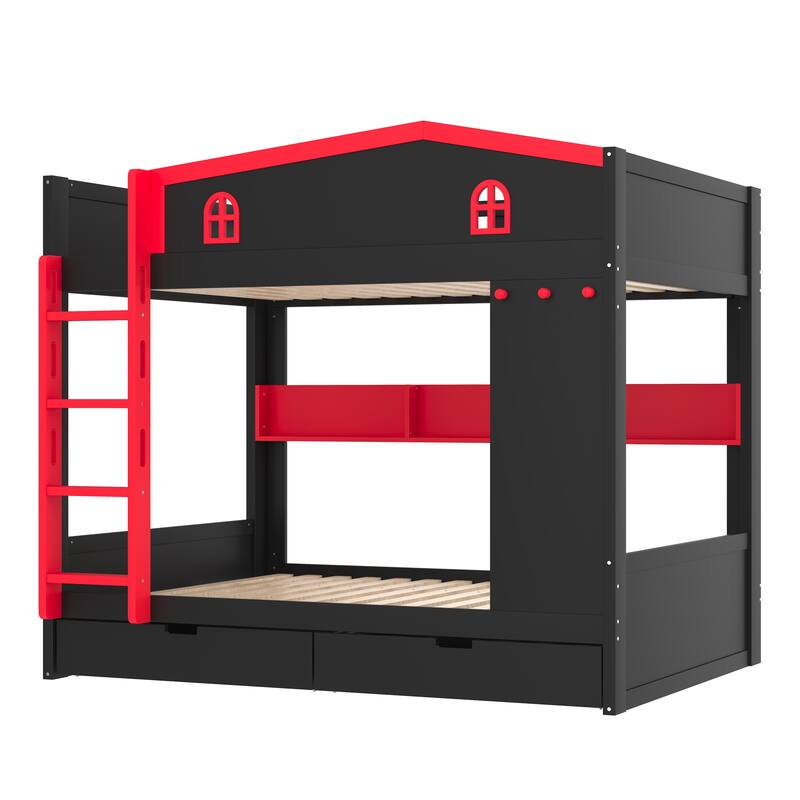 Queen over Queen Bunk Bed with Storage Drawers, Shelves & Hooks