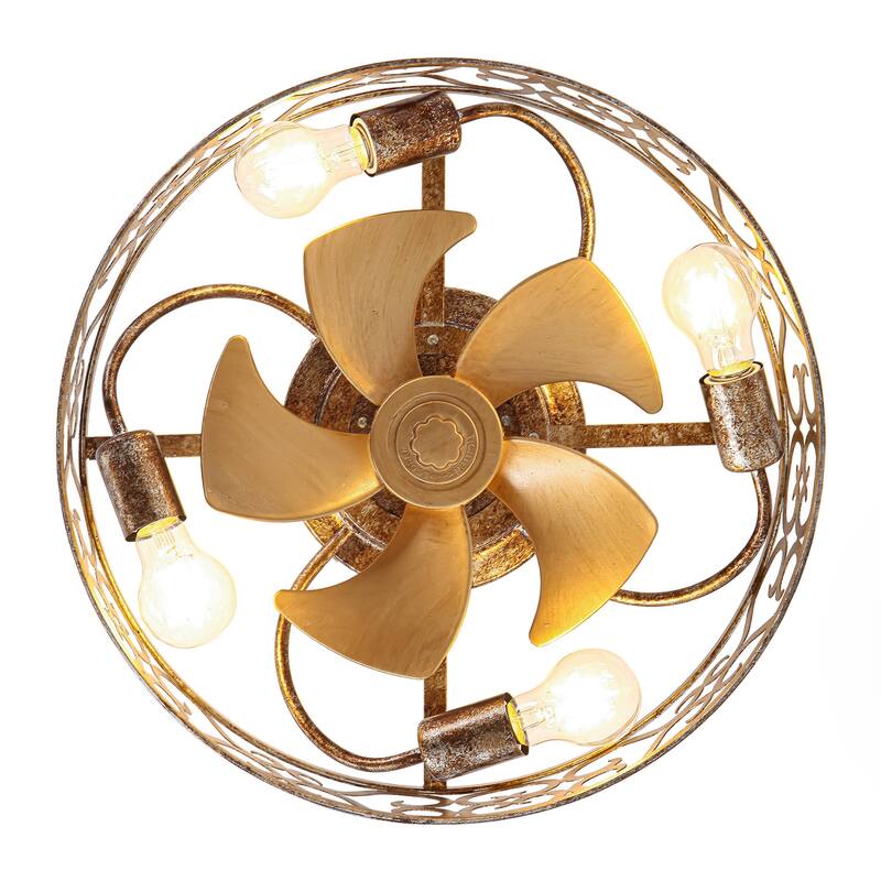 18-inch Rustic Gold Metal Caged Flush Low Profile Celing Fan with Remote and APP Control