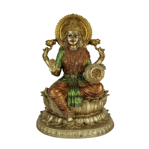 Golden Lakshmi Hindu Goddess On Lotus Flower Statue - 12.5 X 9.25 X 8.75 inches