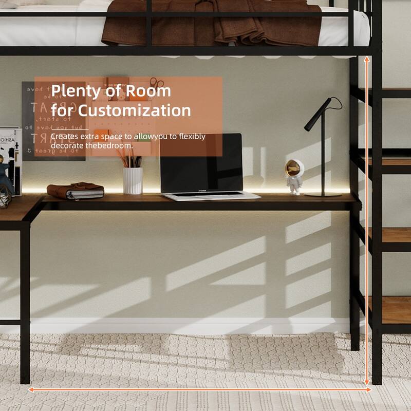 GDFStudio - Iron Loft Bed with L-Shaped Desk & Storage Stairs