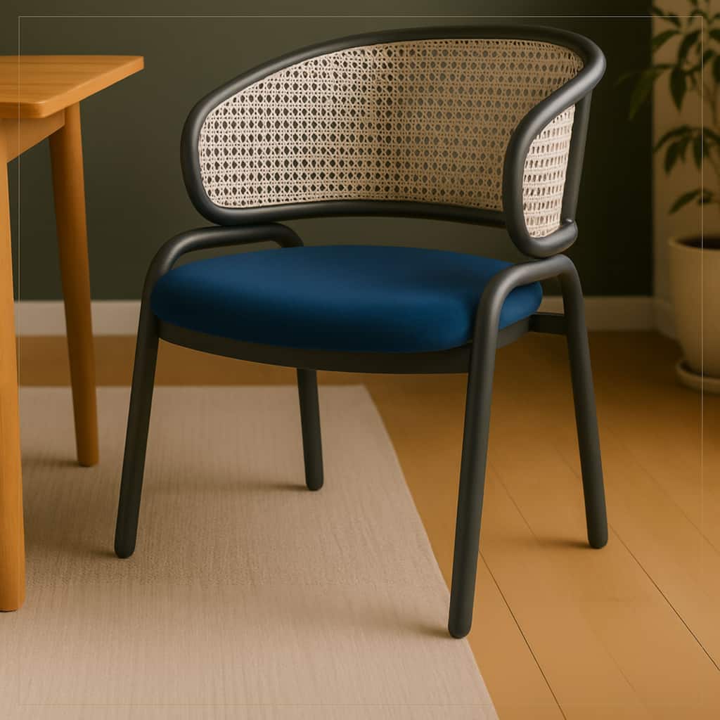 Ervilla Modern Mid-Century Modern Velvet Accent Dining Armchair with Wicker Backrest, Metal Legs for Kitchen or Dining Room